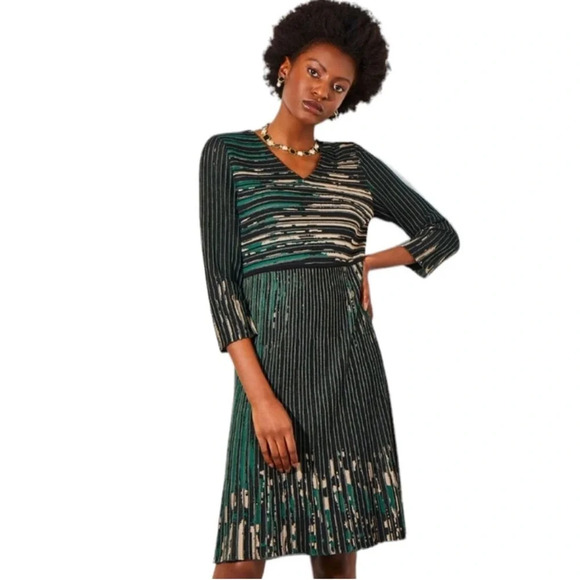 NWT Ming Wang Green and Black V-Neck Patterned Ribbed Soft Knit Dress L - Picture 2 of 13